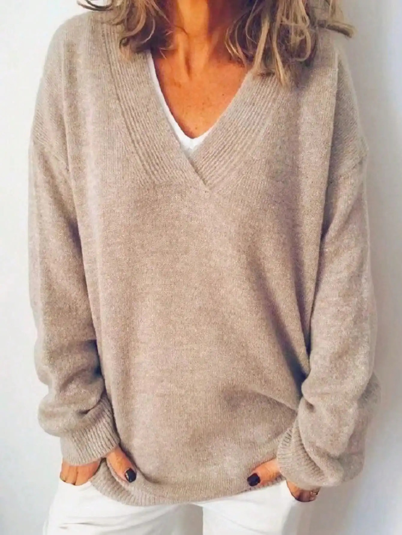 Autumn Winter Daily Casual Women's Plus Size VNeck Long Sleeve Pullover Sweater 261009