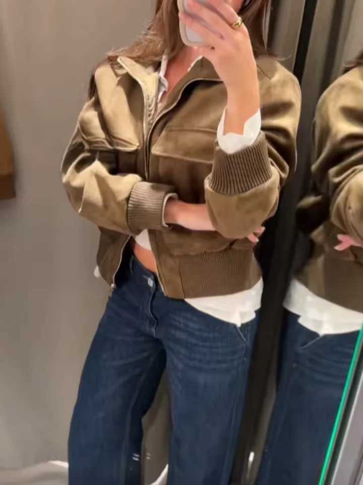 Er Men's Suede-Like Jackets Women Jacket Autumn New Ribbed High Collar Zip Up Long Sleeve With Pockets Cropped Vintage Outerwear N261016