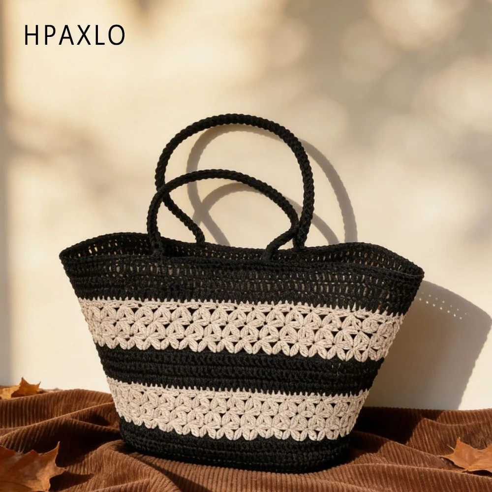 Elegant Hollow Out Straw Bag Summer Vacation Tote Women Shoulder Purse Handmade Woven Beach Basket Color Matching bags for woman X261016