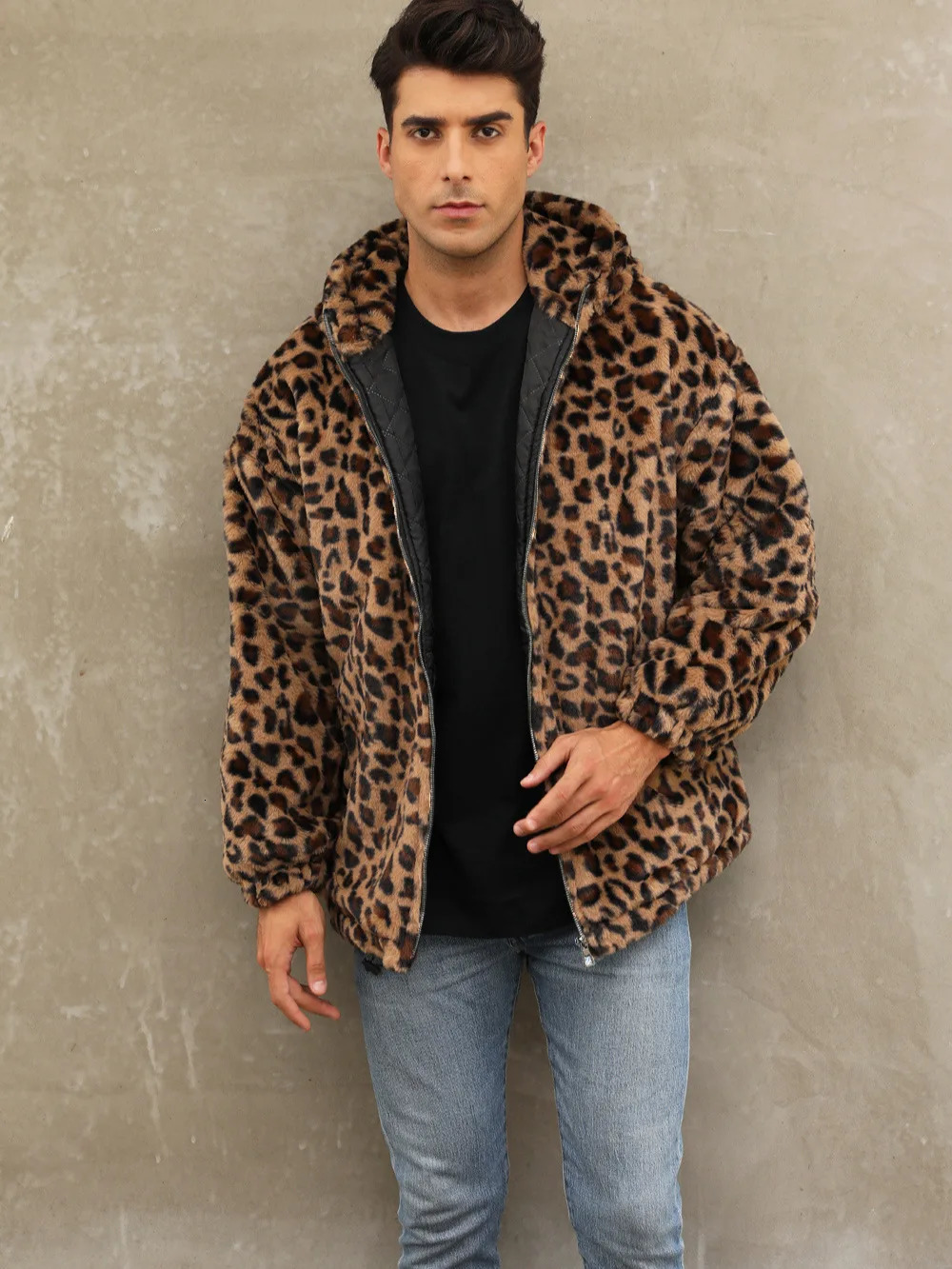 Men's Leopard Print Plush Jacket Autumn Winter Warm Fur Hooded Zipper Coat 261012