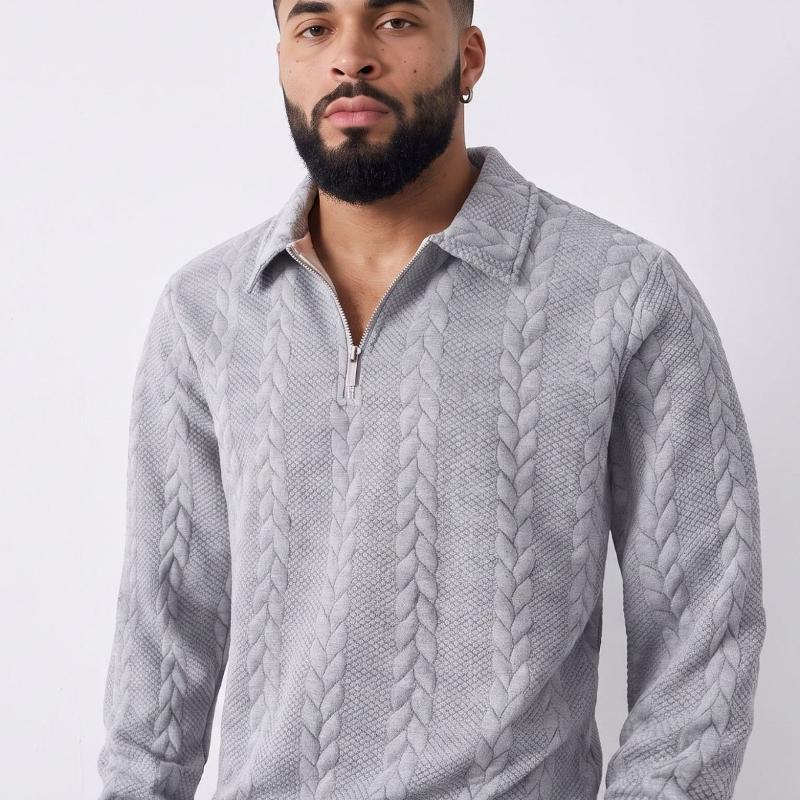 Pull à col polo avec fermeture éclair quart de tour pour homme, texture jacquard gaufrée par câble 3D, manches longues, coupe décontractée, tissu