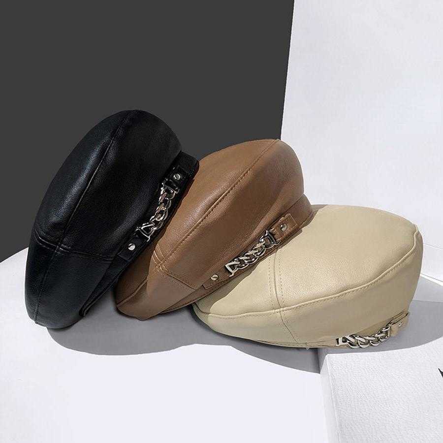 Women Vintage Beret Solid Beret Cap Pu Leather Chain Beret French Artist Warm Beanie Hat Female Ladies All-Match Adjustable Hat S2610166HUH