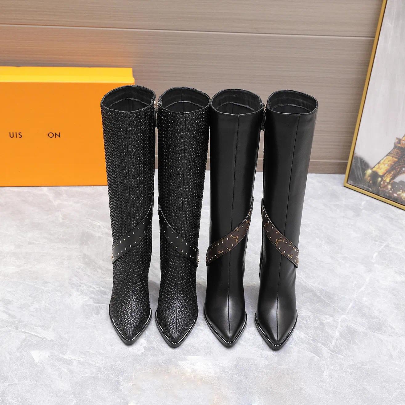 Designer style high heeled boots, 9.5cm pointed with diamond studded edges and thick heels for women, cross tied with antique rivets,for sizes 34-41