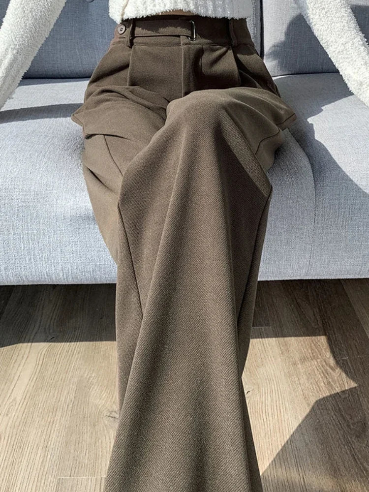 Brown Woolen Highend Suit Pants for Women in Autumn and Winter 2023 N Version Straight Wideleg with Drape 261015