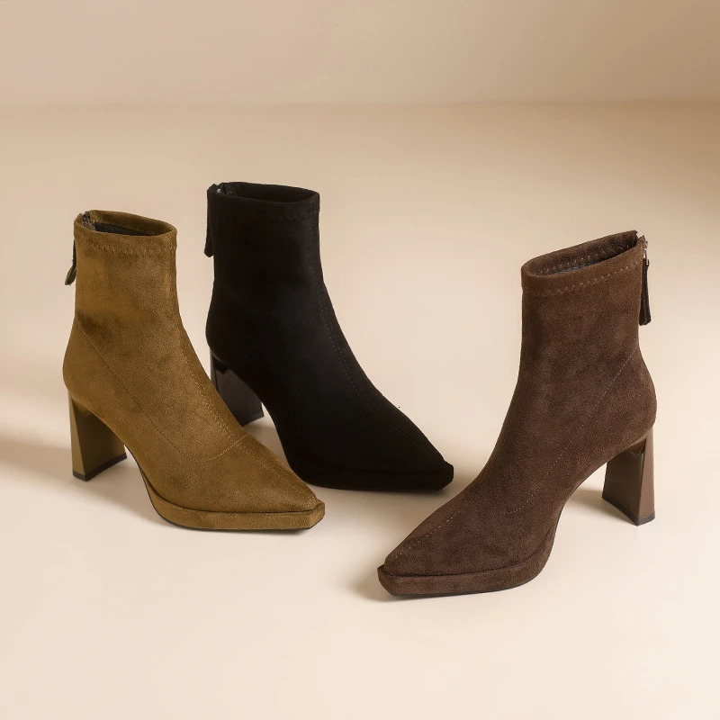 Women Suede Stretch Ankle Boots Pointed Toe Back Zipper Slim Fit Short Booties Autumn Winter Ladies Party Thick Heel Botas Mujer 261016