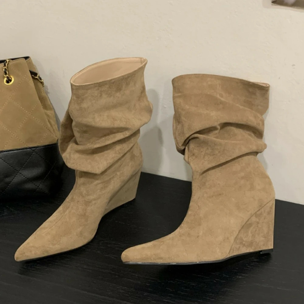 Women Slouch Wedge Boots Pointed Toe Pleated Shaft Faux Suede PU Leather Pull On Autumn Winter Ladies Ankle Mid Calf Boots Shoes 261016