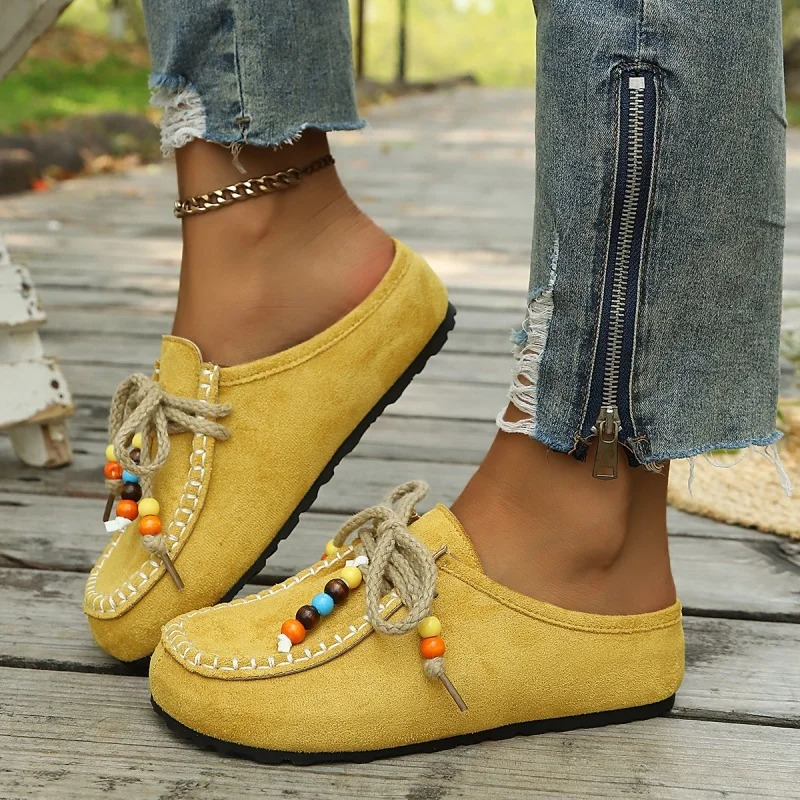 Women's Slip-On Loafers Soft Bottom Suede Leather Ethnic Style Flats Beaded Casual Comfortable Footwear Versatile Womens Loafers 261016