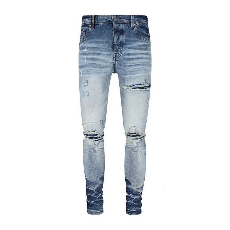Men's Jeans Designer Fashion New Men's Jeans Ripple Elastic Slimming Wash Retro Light Blue Perforated Patch Jeans High Street Hip Hop Pant