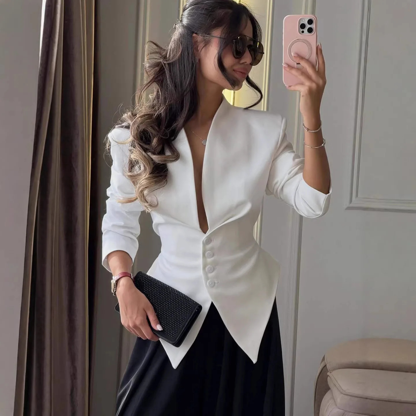 UNITIM Lace Up Solid Suit Jacket 2026 Pleated Women's Jacket Chic V-neck Waist Cinched Single Breasted Tie Up Full Sleeve Coats 261015