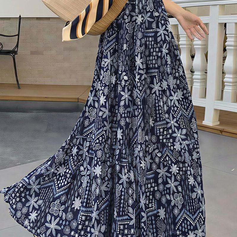 Femmes Designer D'été Vintage Imprimé Floral Taille Haute A-ligne Maxi Jupe Taille Élastique Swing Danse Jupe Décontracté Élégant
