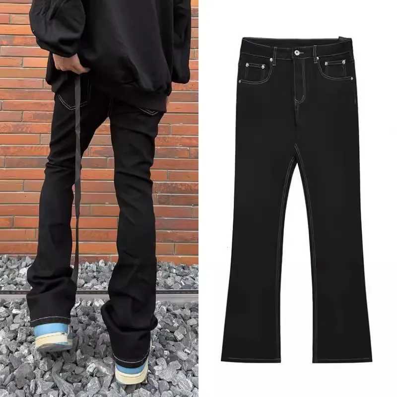 Men's Jeans High-street Vibe Style Long Ribbon Black Flared Trendy Men's Jeans Versatile Slimming Floor-length TrousersT261016