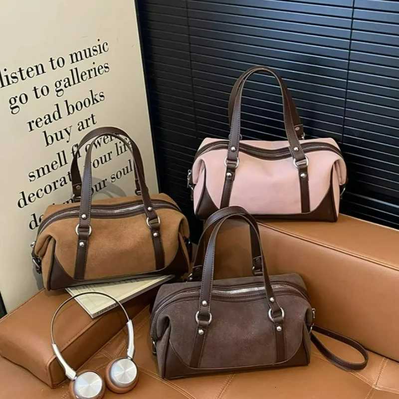 Totes Vintage Pink Boston Bag Women Suede Large Capacity Gentle Shoulder Bag Ladies Fashion Color Block Casual Style Handbag Chic X261016