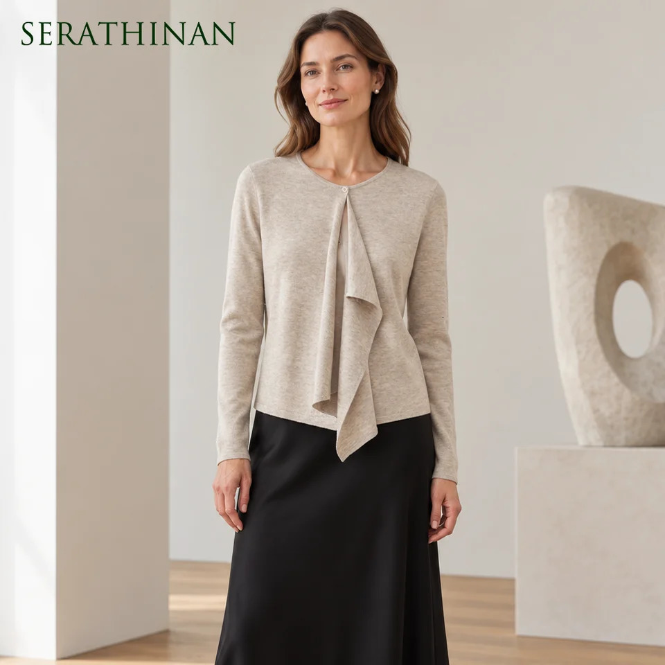 MZ62036 Draped Ruffle Knit Cardigan Women's Crew Neck Soft Modal Blend Shell Button Long Sleeve Autumn Winter Elegant Sweater 261015