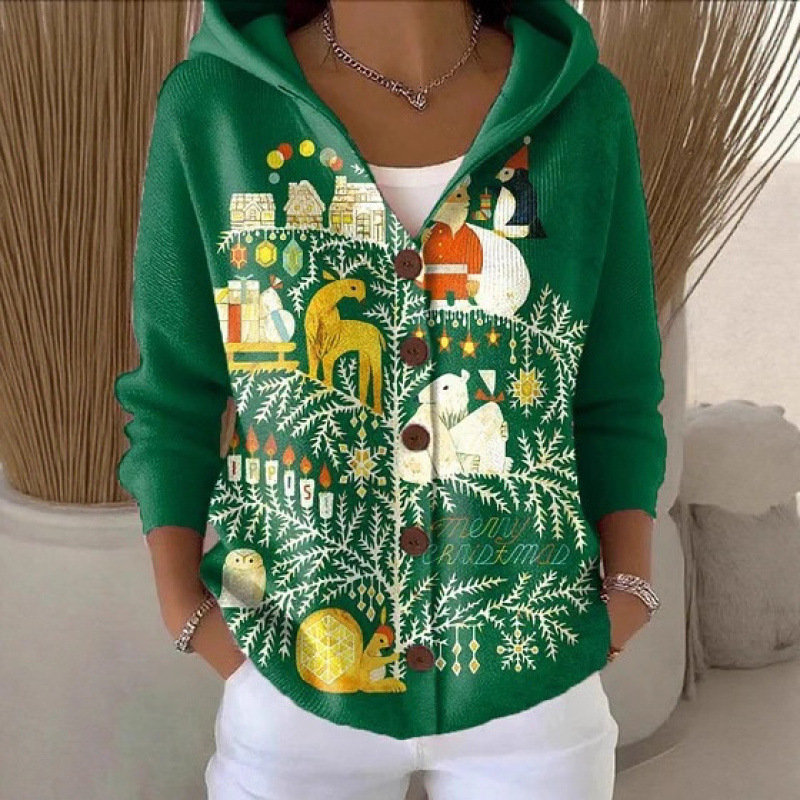 New Cross-Border V-Neck Buttoned Long-Sleeve Hooded Sweatshirt for Autumn Winter, Christmas Fashionable and Unique Women's Sweater Coat