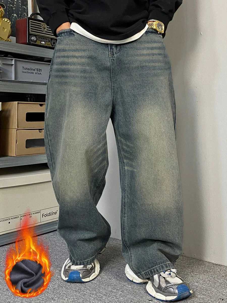 Men's Jeans Men's Fleece-Lined Warm Washed Vintage Baggy Jeans Y2K Retro Fashion Simple Commuter Versatile Wide-Leg Pants for Fall and WT2