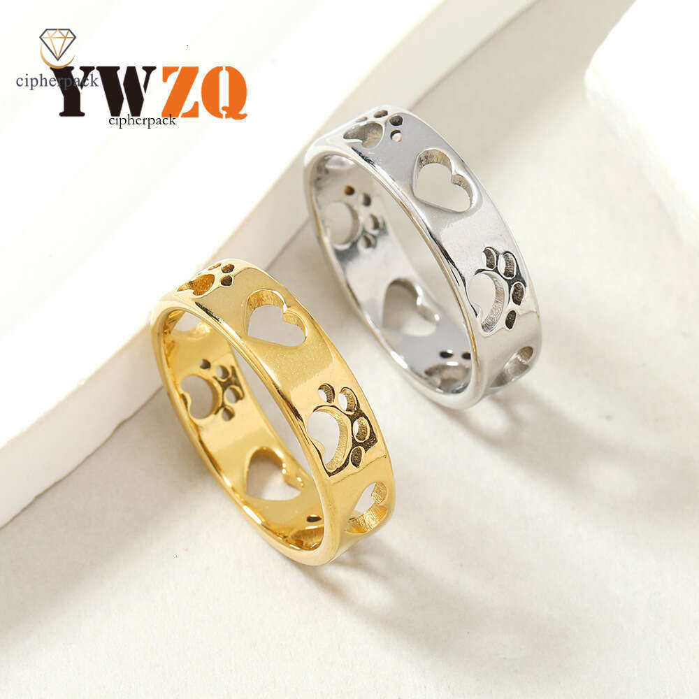 Luxury Sterling Silver 14K 18K Gold cut-out jewelry creative hollow-out cute cat paw heart-shaped titanium steel ring manufacturer