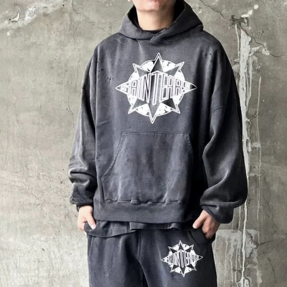Autumn Winter Washed Black Vintage Hoodie Men Women Best Quality Loose Portrait Sweatshirts Designer Pullover Mens Hoodie Size S-Xl