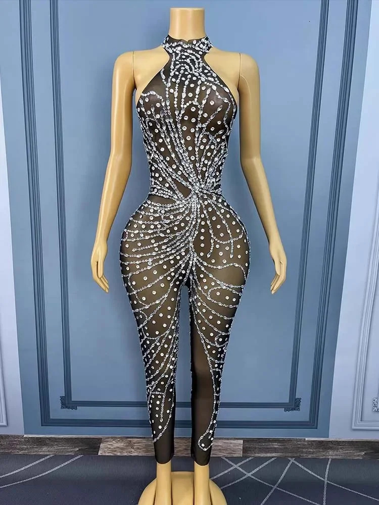 High Quality Sparkling Water Diamond Sexy Perspective Black Mesh Jumpsuit Dancer Stage Performance Costumes Nightclub Jumpsuit 261015