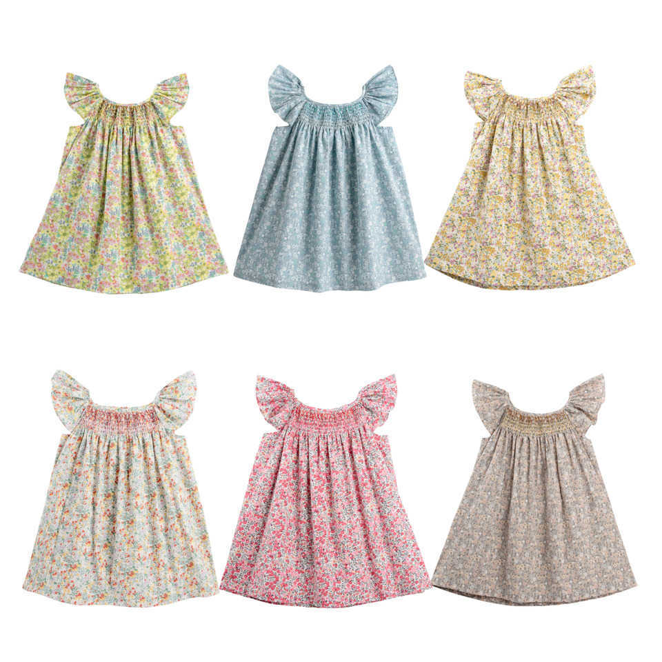 Summer Floral Dress for 1 2 3 4 5 6 Years Girls Smocking Design with Flying Sleeve Baby Toddler Daily Cute Clothes S261016IFHN