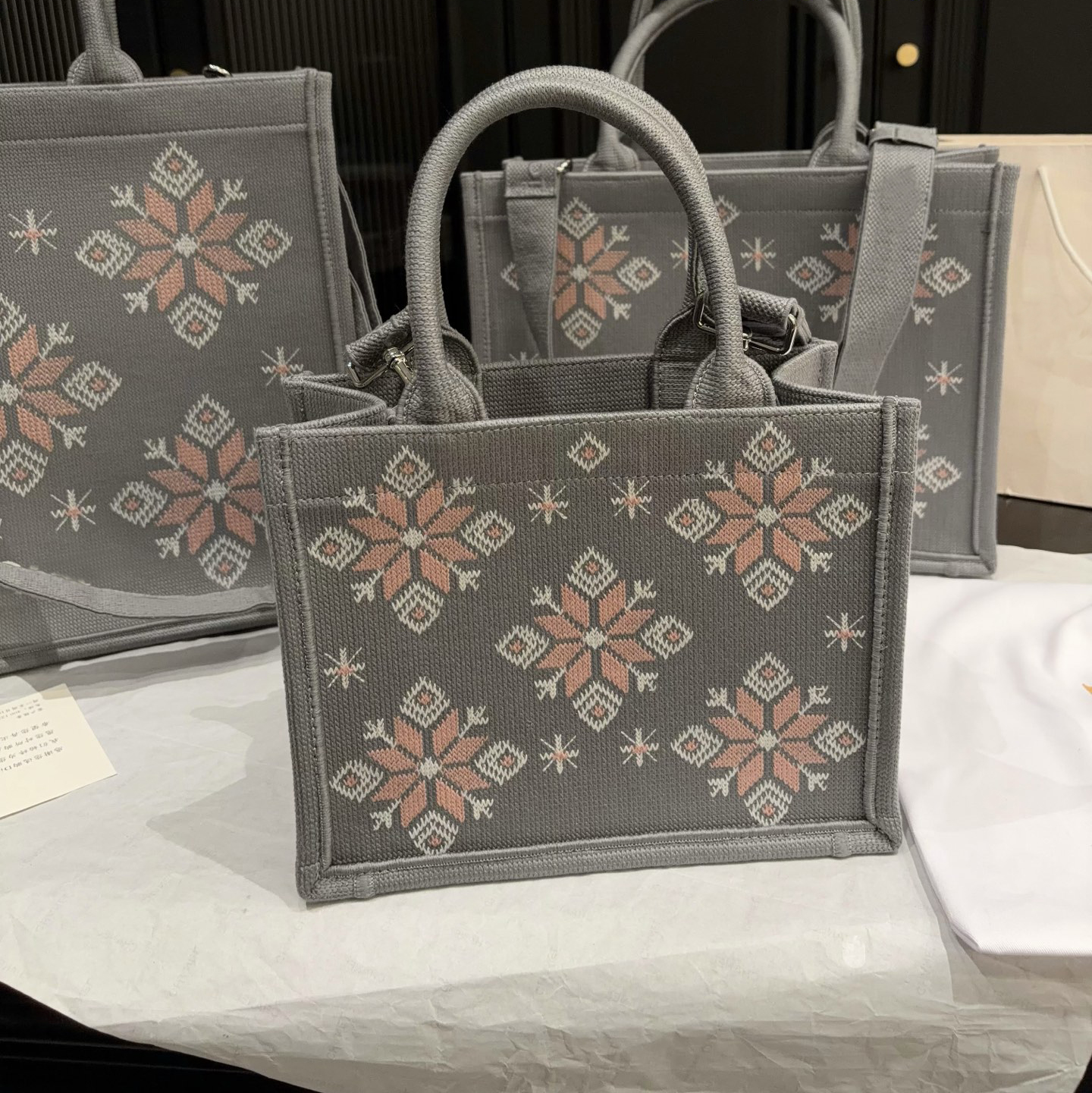 Women Grey Canvas Floral Embroidered Tote Bag, Large Capacity Top Handle Shoulder Handbag with Detachable Strap, Comes with Inner Liner & Scarf, 3 S