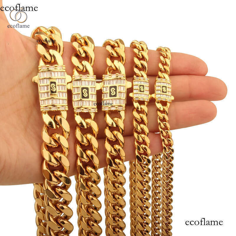 6mm-14mm Hip Hop Stainless Steel Miami Cuban Link Chain Real Gold Plated T Zircon Clasp Mens Necklace Jewelry