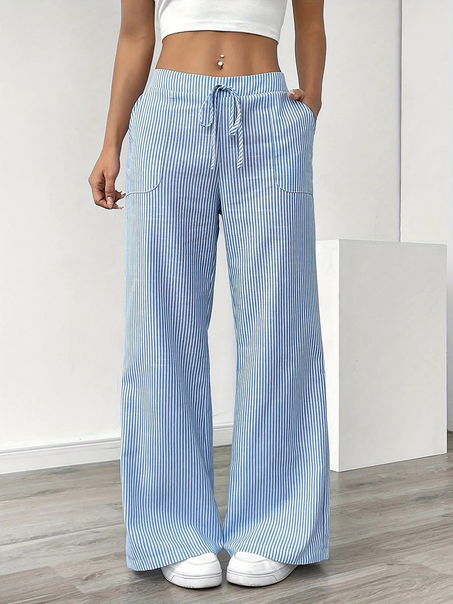 Women's Vertical Striped Wide Leg Pants High Waist Drawstring Loose Casual Trousers Autumn Elastic with Pockets 261015