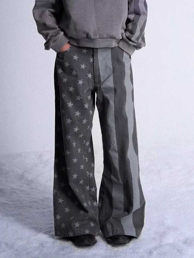 Men's Jeans 2026 American Retro Y2K Style Star Printed Washed Grey Baggy Jeans Pants For Men Clothes Straight Streetwear Loose Long TrousersT26