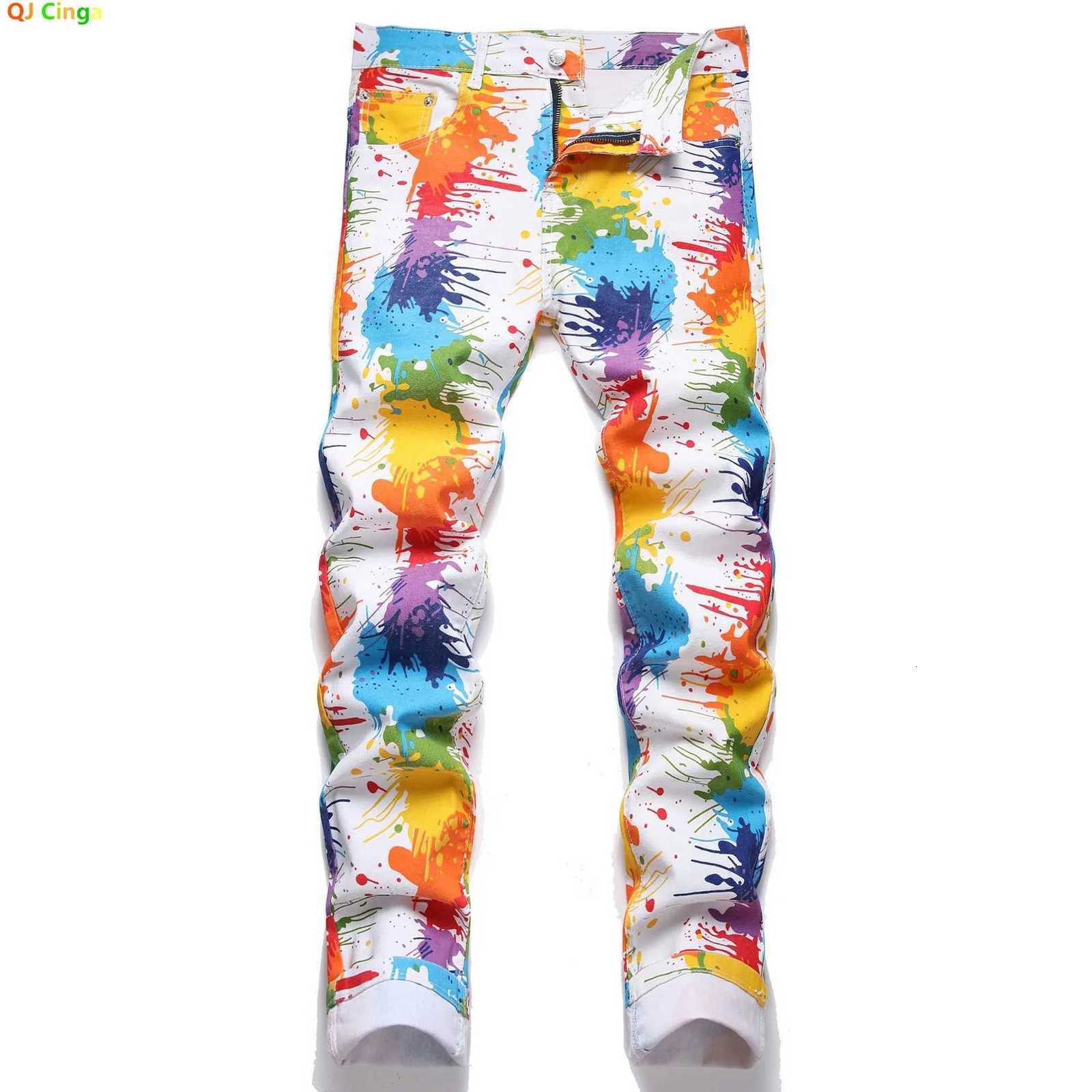 Men's Jeans Men's White Jeans in Asian Sizes; Blue-Red-Green-Purple Printed Stretch Denim Pants; Stylish Slim-fit Trousers.T261016