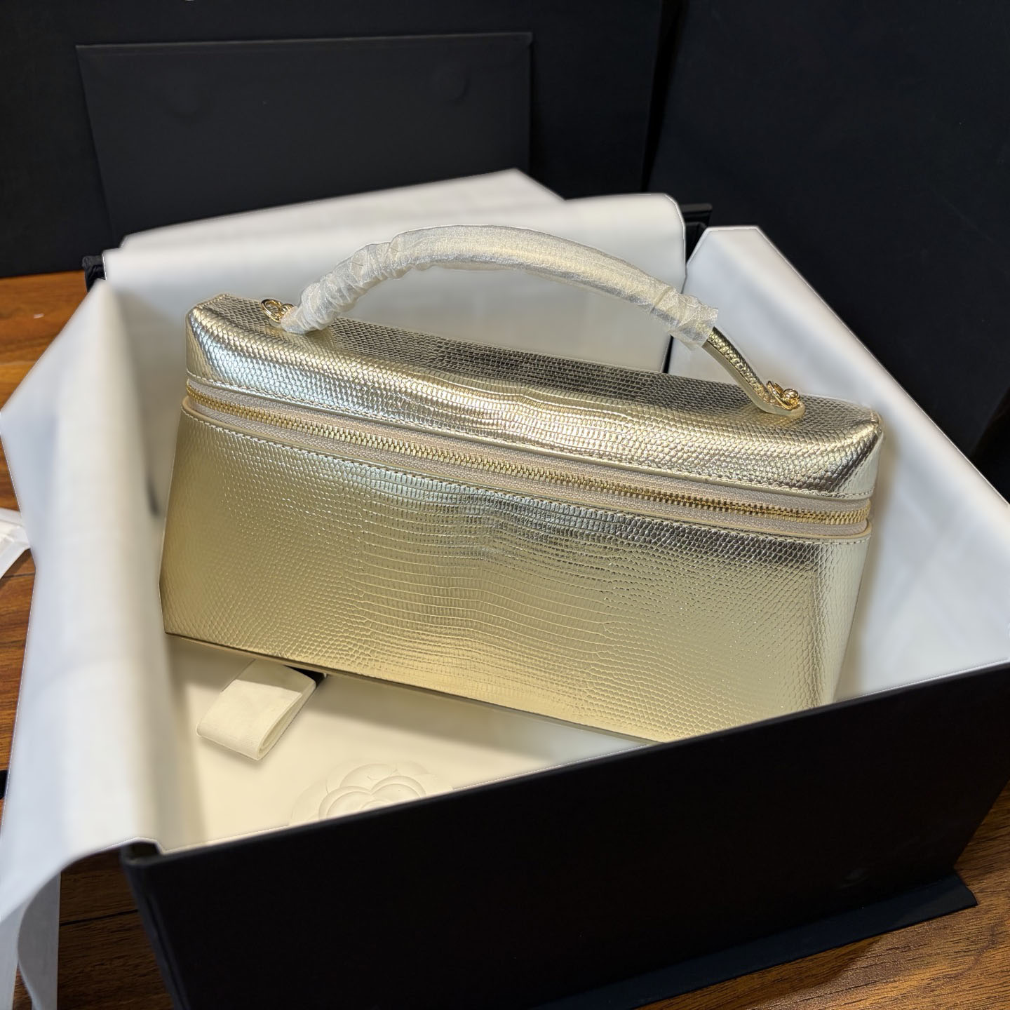 Designer Bag Vanity Lunchbox Handbag, Lizard Texture Series, Metallic Box Purse, Top Handle & Chain Strap, Cosmetic Bag for Party, Dinner, Travel &