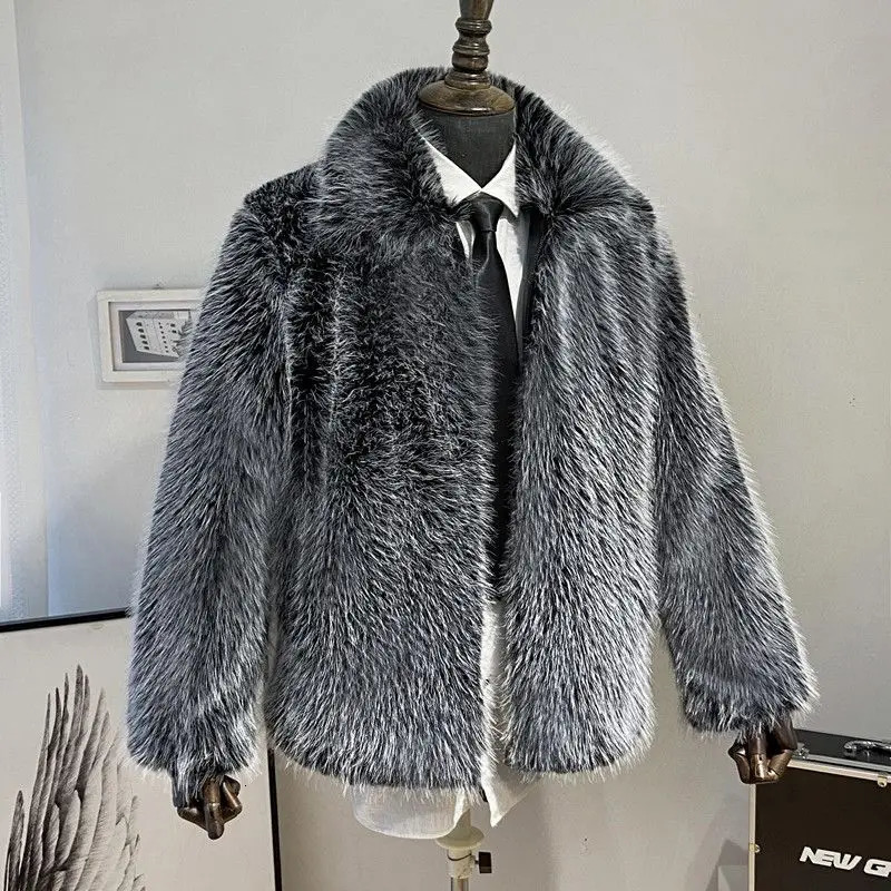 y Business Fur Coat Men's Winter Warm Faux Jacket Fluffy Soft Lapel Windproof Outerwear Long Sleeve Top Trendy 261012