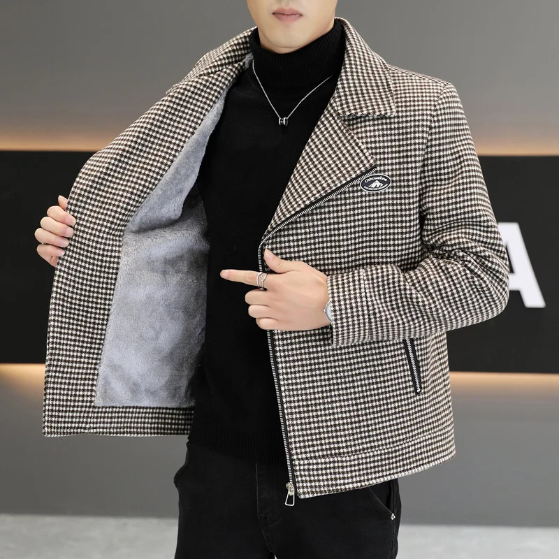 Winter Wool Jacket for Men Fashion Zipper Motorcycle Coat Plaid Casual Business Trench Social Streetwear Overcoat 261010