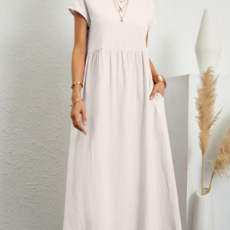 Robe longue plissée en coton et lin pour femmes, manches courtes, couleur unie, col rond, ligne a, décontractée, avec poches, été