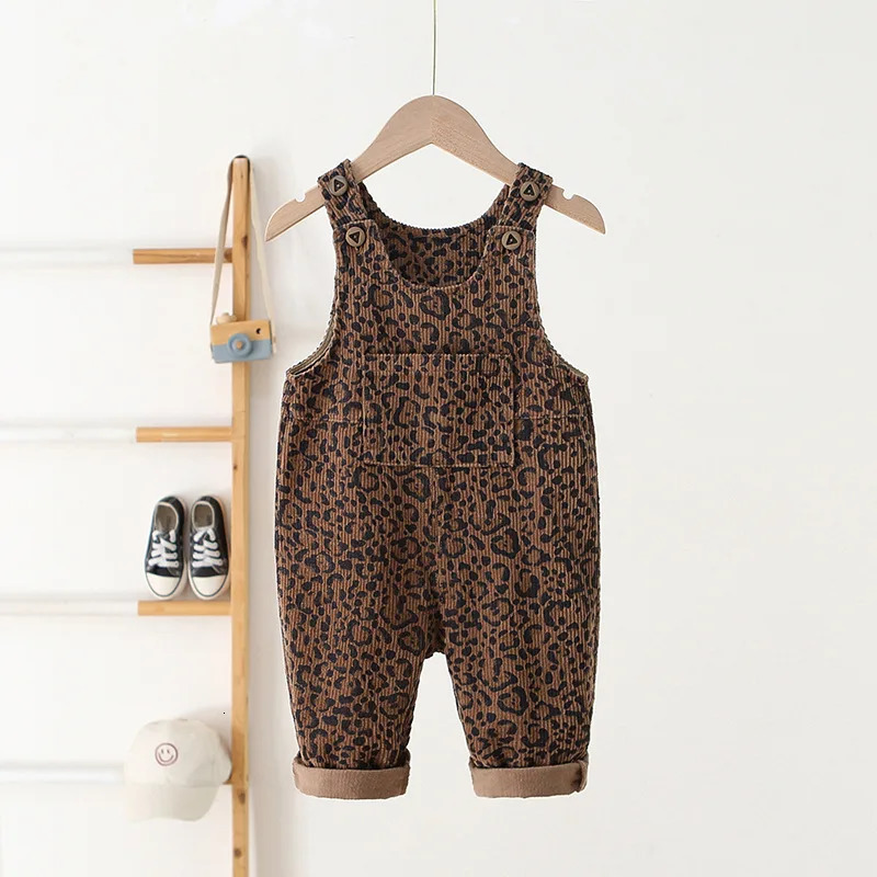 2026 Autumn 1-4T Kids Clothes Corduroy Girls Overall Leopard Print Boys Jumpsuits Children Playsuit 261015