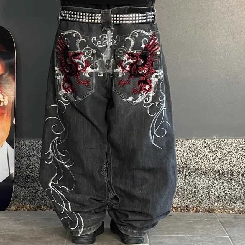 Men's Jeans Streetwear Y2K Gothic Denim Trousers Harajuku Punk Dinosaur Embroidery Washed Jeans Hip Hop Wide Leg Oversized Jeans Mens WomensT26