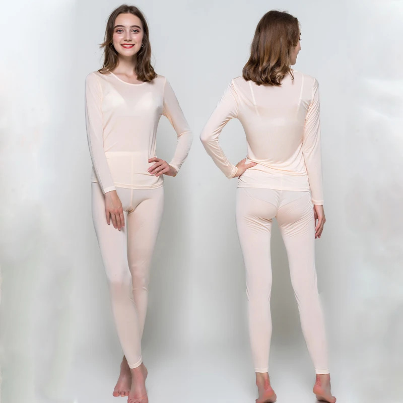 Women's Comfortable Pure Silk Thermal Underwear Set Lightweight Base Layer for Spring Autumn Thin Long Johns 261012
