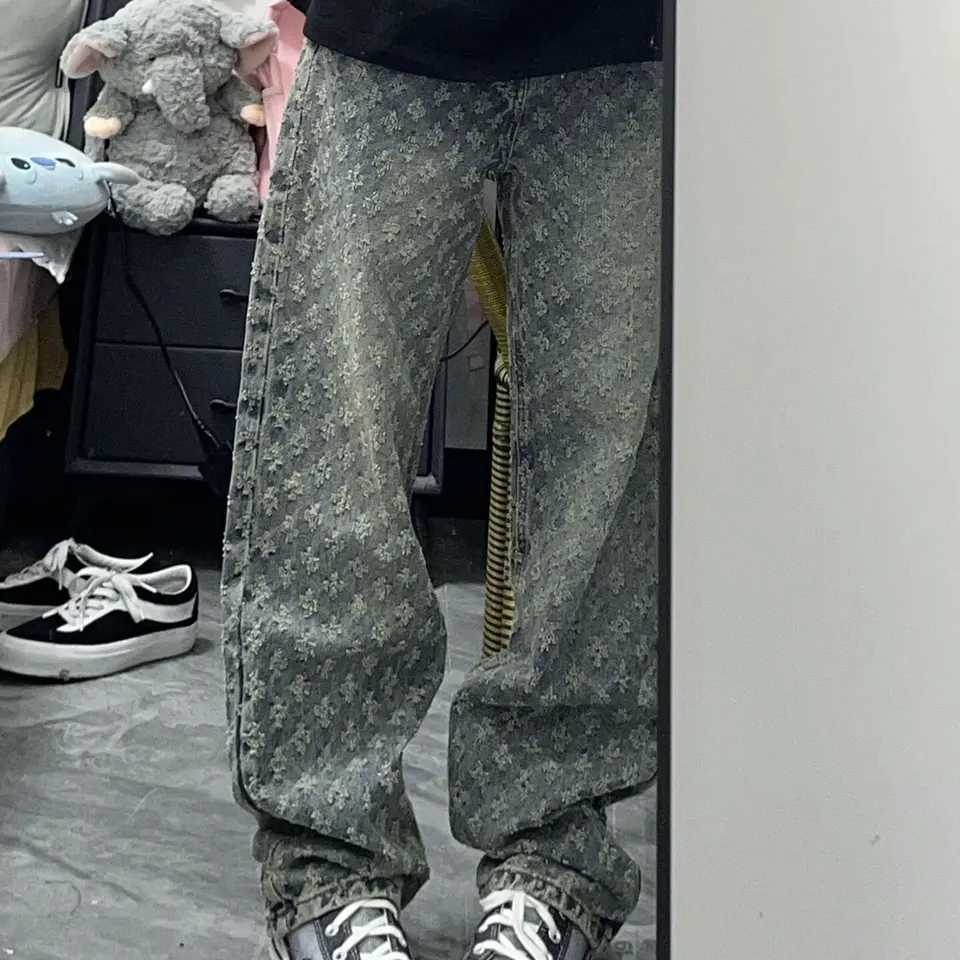Men's Jeans Blue Embroidered Denim Jeans European and American High Street Pants Ins Trendy Brand High Waist Long Men's Loose Wide Leg Pan