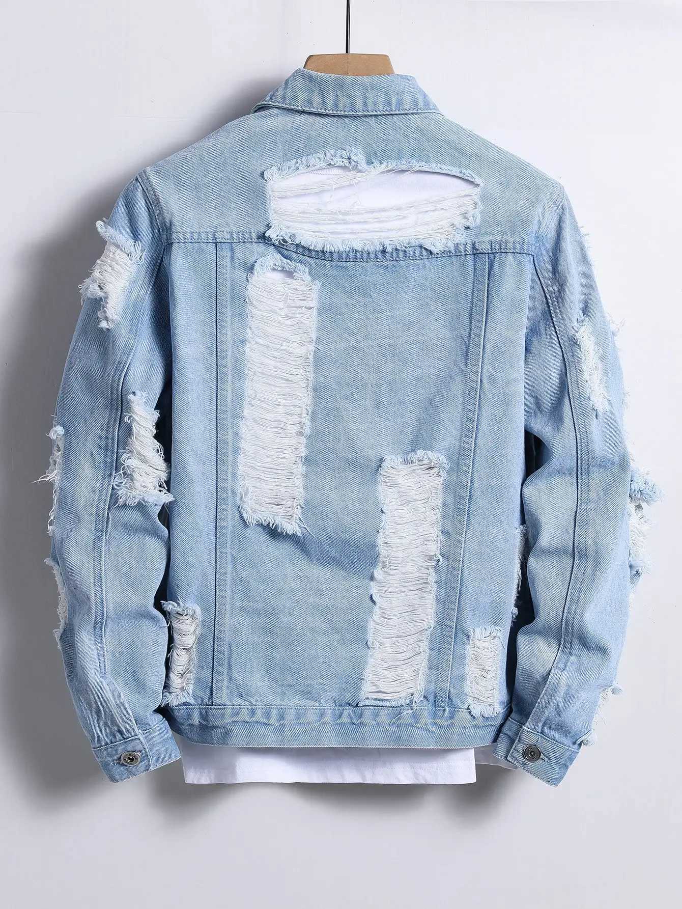 Blue Men's Light Men's Jackets Washed Ripped Denim Jacket Distressed Frayed High Street Streetwear Long Sleeve Outerwear N261016