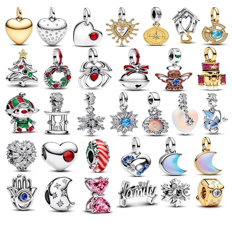 Mixed Style Charm Beads Fit Snake Chain Bracelet, Heart Moon Snowflake Christmas Pendant Charms Women DIY Bracelet Jewelry Making Gift