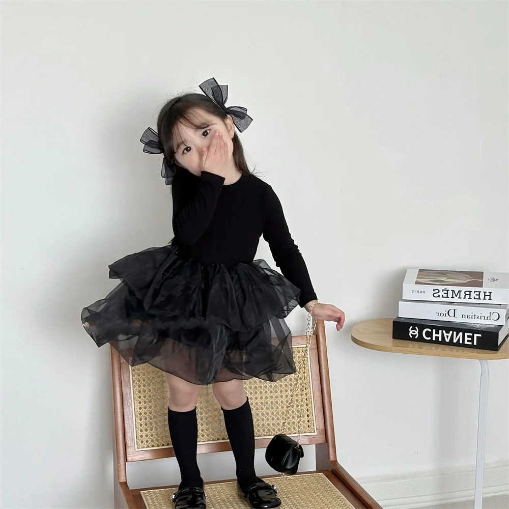 Long Girls Sleeved Dress 2025 Spring New Korean Fashion Splicing Mesh Charm Pong Princess Dress Kids Clothes S261016GGXJ