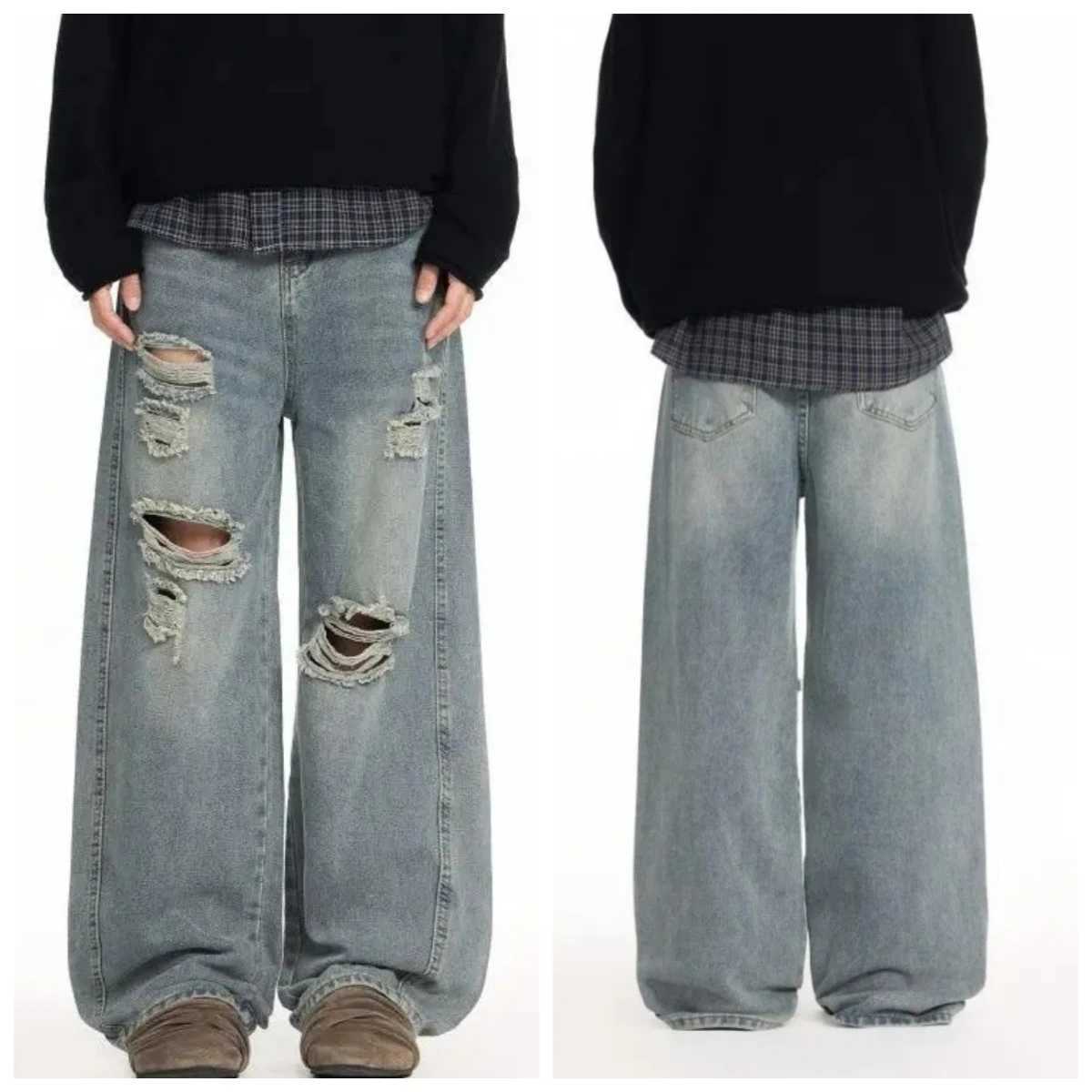 Men's Jeans High Waist Men's Blue Jeans Aesthetic Vintage 2000s Streetwear Y2K Wide Leg Jeans 2026 Autumn Ripped Trouser Baggy Denim Pants
