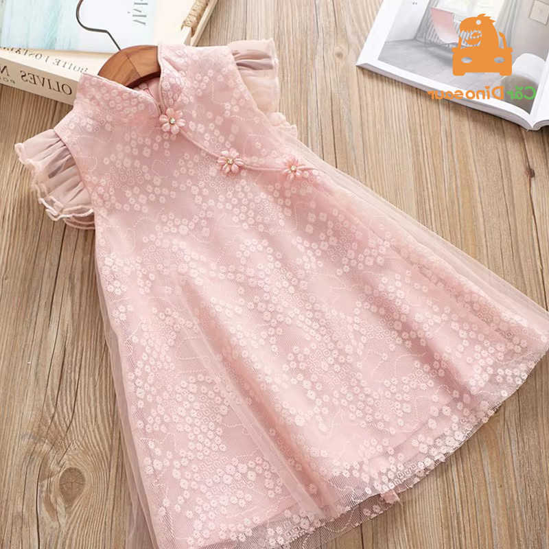 Summer 2025 2 3 4 5 6 8 10 Years Crew Neck Fly Sleeve Baby Mesh Floral Chion Chinese Ethnic Style Kids Girls Cheongsam Dress S261016J6GB