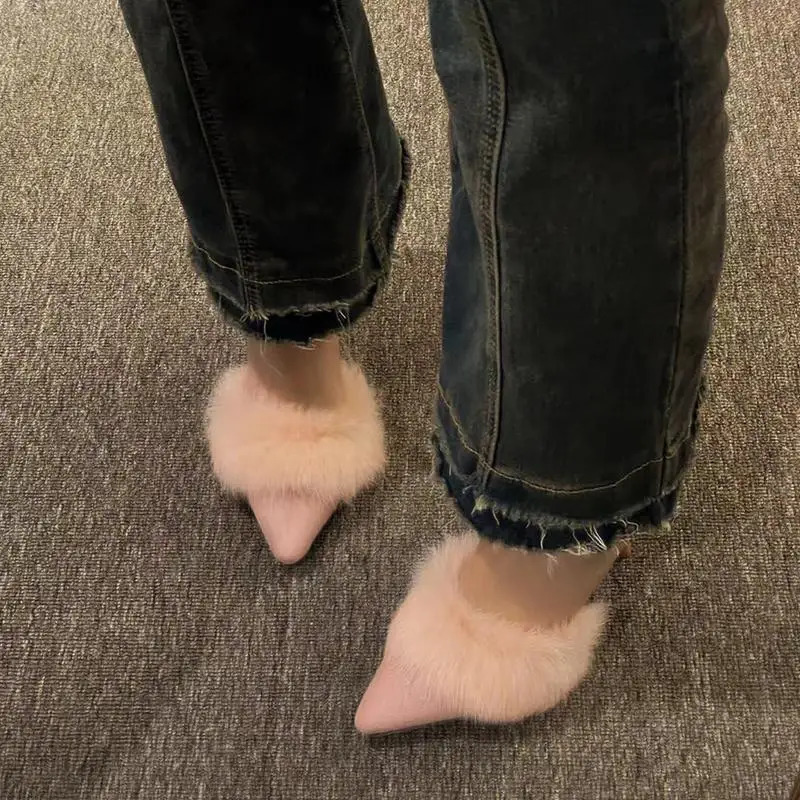 Winter Women Plush High Heels Warm Pointed Toe Mules Slipper Korean Fashion n Thin Heels Flip Flops Pumps Zapatos Mujer 261016