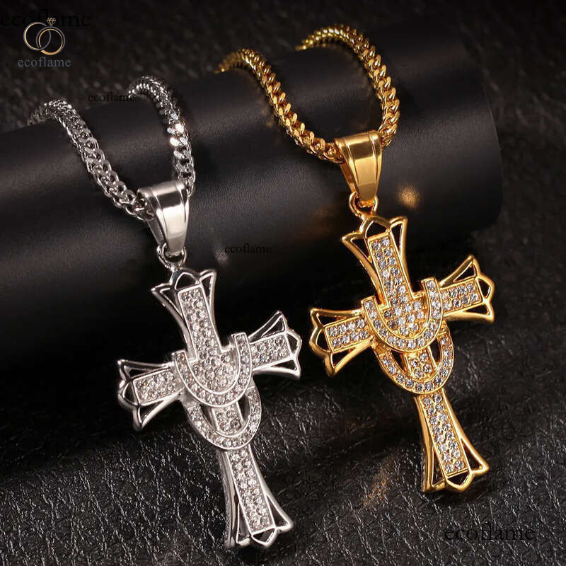 Shining Cross Pendants Necklace Stainless Steel Real Gold Plated Men Gift Religious Jewelry