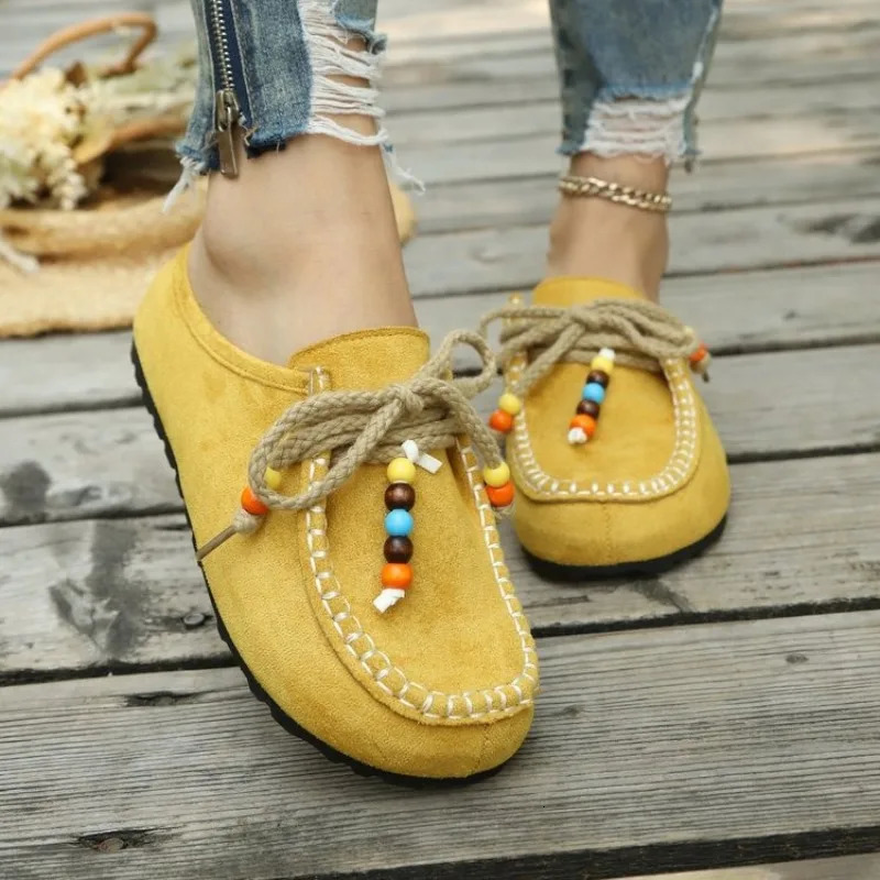 Women Slip-On Loafers Soft Bottom Suede Leather Ethnic Style Flats Beaded Lace Up Casual Shoes Fashion Slippers Fashion 261016