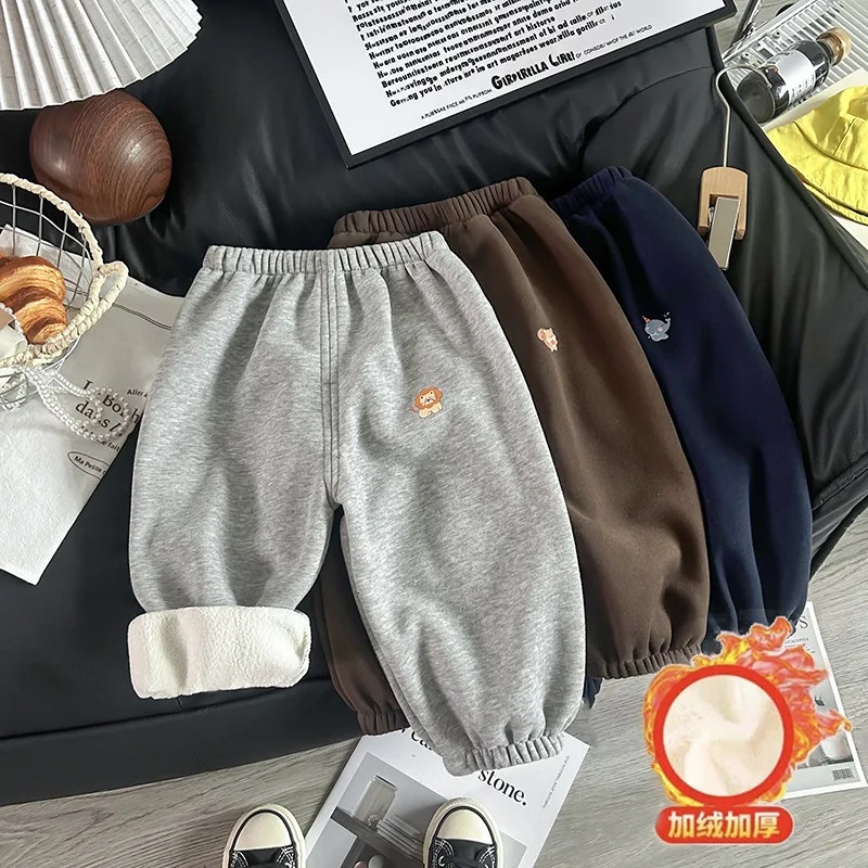 Winter Children Pants 1-8Y Girls Boys Thick Warm Fleece Solid Color Casual Trousers Korean Toddler Wear Kids Clothing 261016