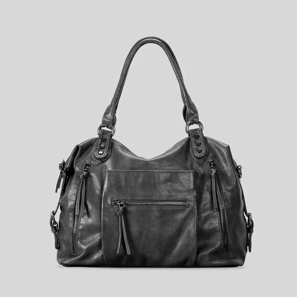 Cross Body SHELKSBAG Vintage Washed PU Hobo Bag Slouchy Large Handbag Multi Zipper Shoulder Bag Detachable Crossbody Strap Moto Purse H261016