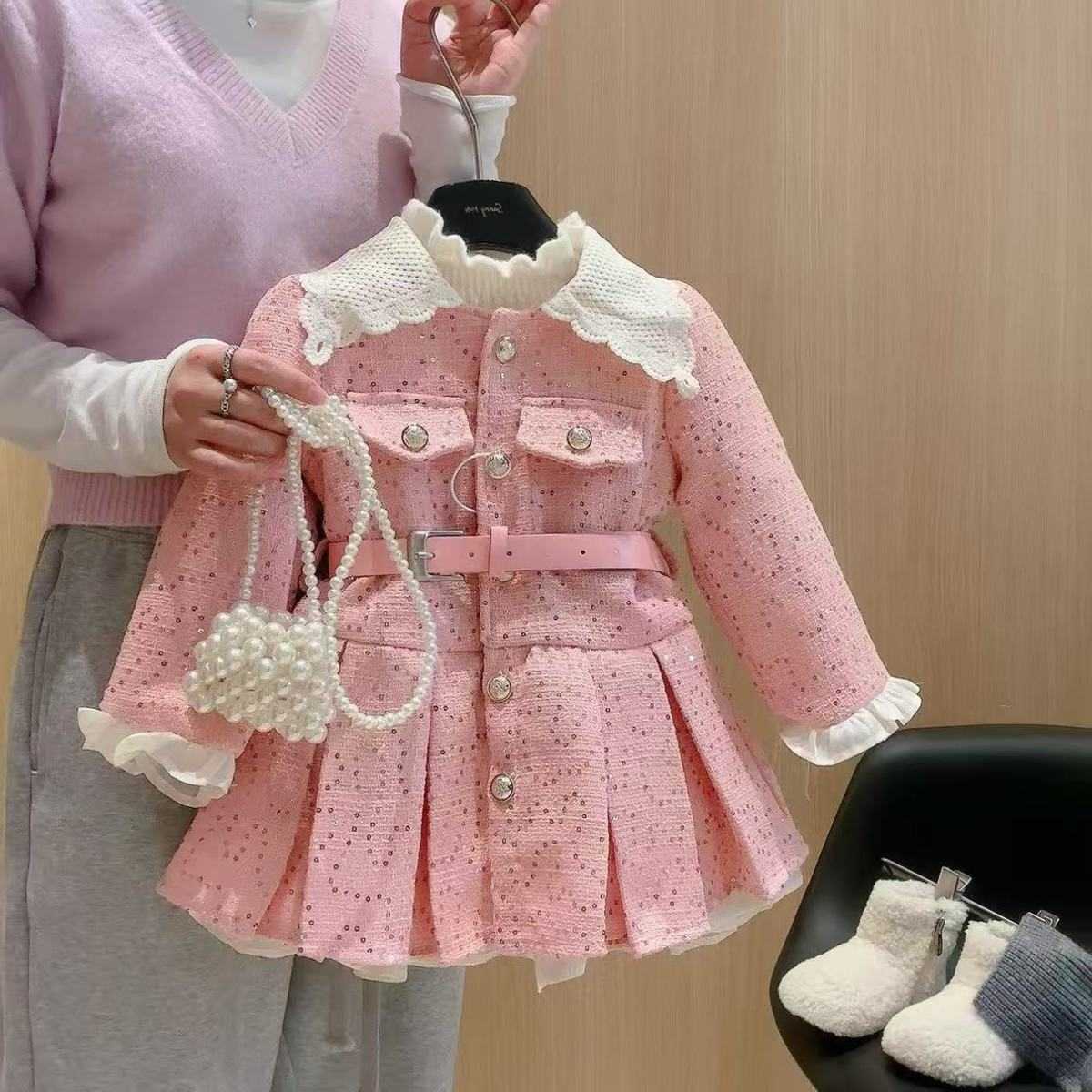 Autumn Girls' and Winter Velvet Dress with Ins Style Thickened New Western-Style Children's Princess Pink Dress S261016JQS8