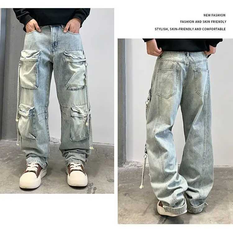 Men's Jeans 2025 New Fashion Men's Washed Light Blue Multi Pocket Casual Trendy Loose Wide Leg Straight Cargo Denim Trousers Male Jeans Pa