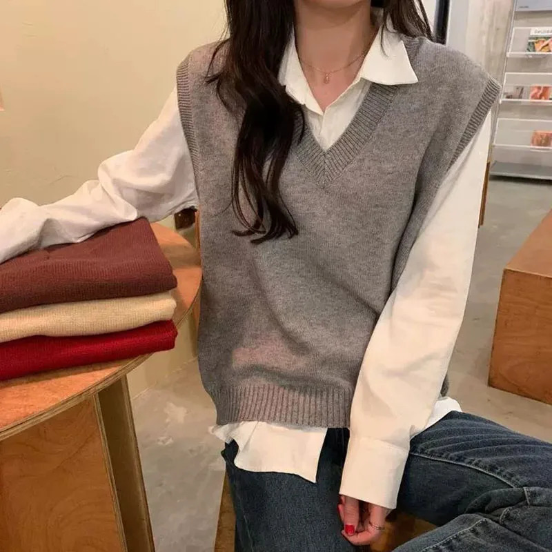 Solid Color Basic Knitted Vest Women Allmatch Vneck Sleeveless Sweater Waistcoat Woman Casual Loose Knit Jumpers Tops 261009