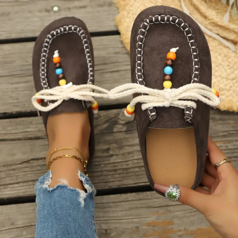 Women Slip-On Loafers Soft Bottom Suede Leather Ethnic Style Flats Beaded Lace Up Casual Shoes Fashion 261016